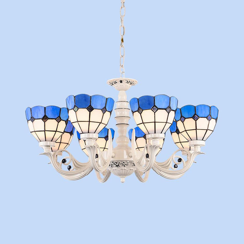 Mediterranean Stained Glass Dome Chandelier - 3/5/8 Light Pendant for Living Room in White