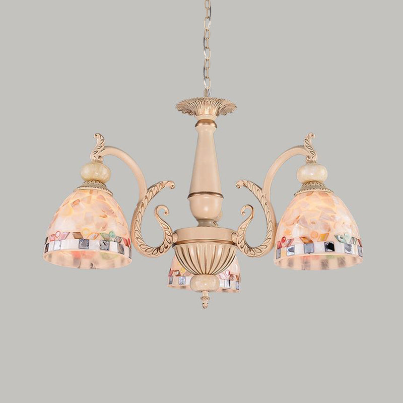 Mediterranean Stained Glass Pendant Chandelier - Beige Mosaic Lamp for Living Room (3/5/9 Lights)
