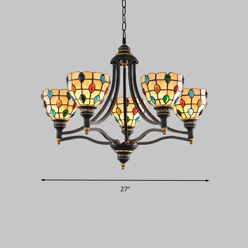 Tiffany Style Stained Glass Beaded Chandelier - 3/6/8 Lights Black & Gold Ceiling Pendant