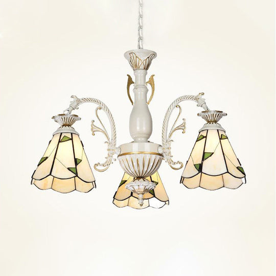 Stained Glass Chandelier Light Fixture - Mediterranean Style with 3/5/11 Lights, White/Antique Brass, Ceiling Pendant