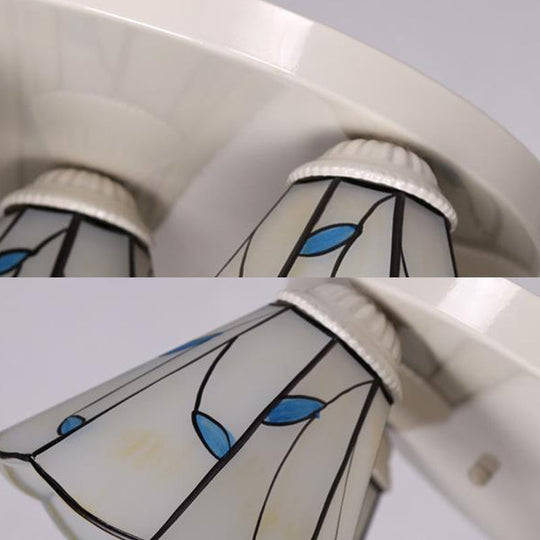 Blue Stained Glass Tiffany Ceiling Lamp For Living Room - Leaf/Stripes Flush Mount With 3/6 Lights