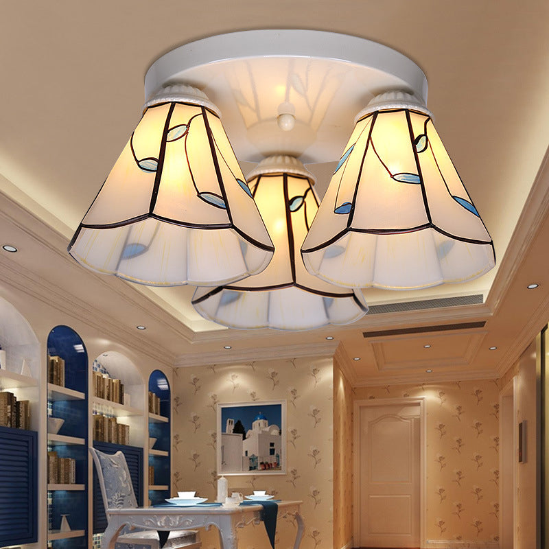 Blue Stained Glass Tiffany Ceiling Lamp For Living Room - Leaf/Stripes Flush Mount With 3/6 Lights 3