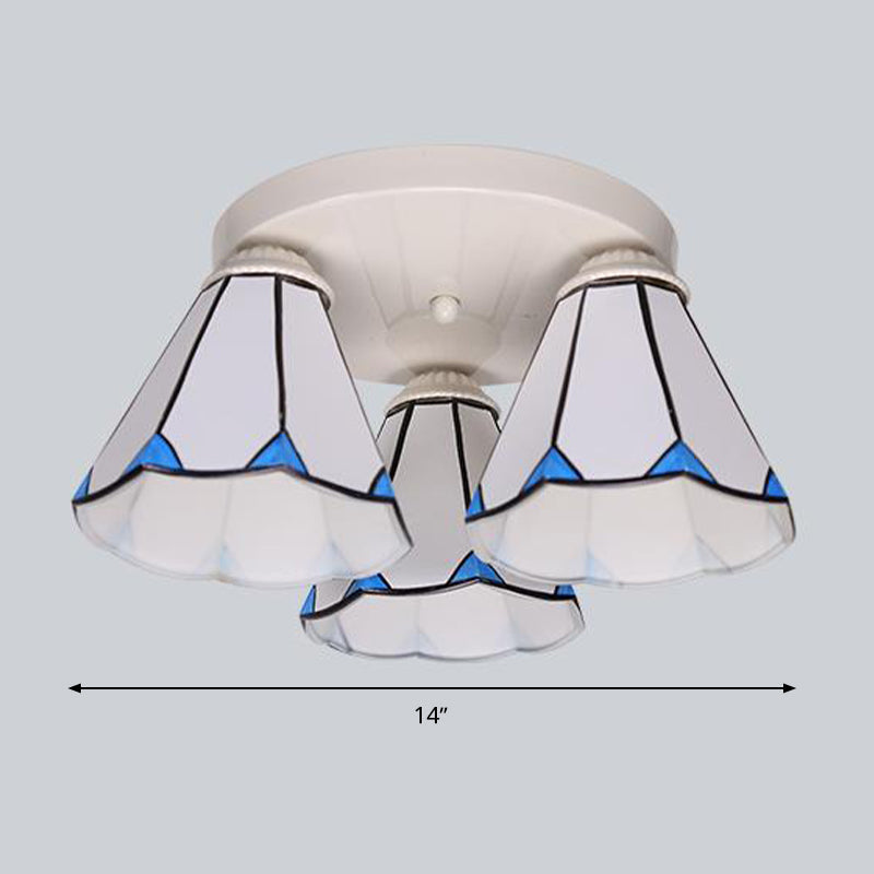 Blue Stained Glass Tiffany Ceiling Lamp for Living Room - Leaf/Stripes Flush Mount with 3/6 Lights
