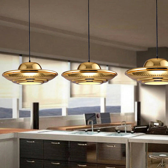 Modern Gold Saucer Pendant Light Fixture - 16"/18" Wide, 1-Light, Dining Room Hanging Kit
