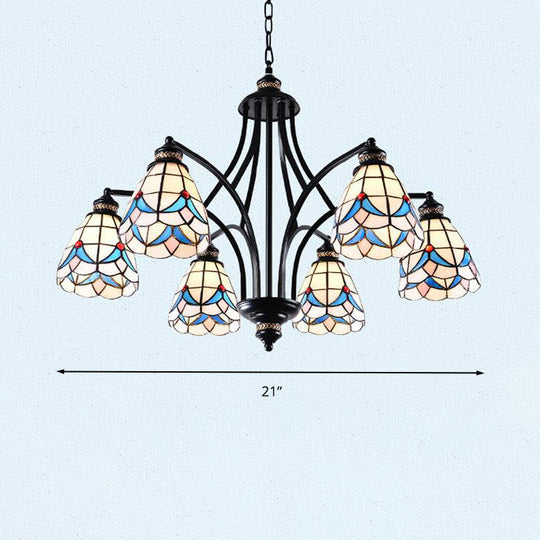 Stained Glass Chandelier - Scrolling Arm, Mediterranean Design, 3/5/8 Lights, Black Suspension Fixture