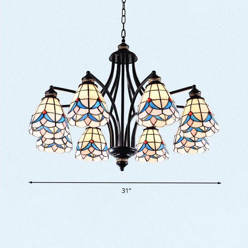 Stained Glass Chandelier - Scrolling Arm Design In Mediterranean Style With 3/5/8 Lights Black