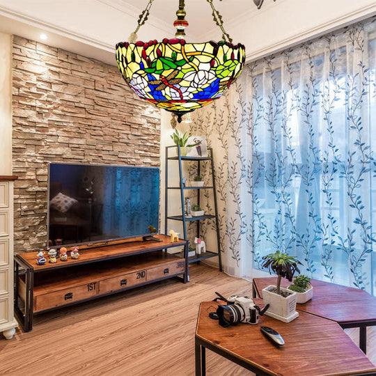 Plafonnier en vitrail libellule méditerranéenne - Montage encastré en laiton à 5 lampes