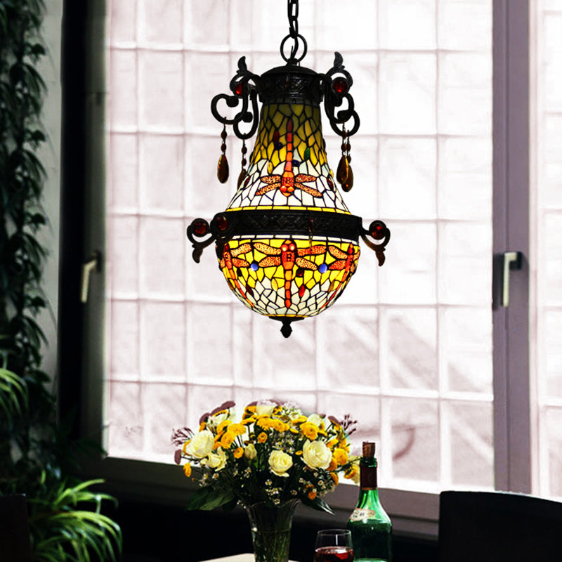 Dragonfly Pendant Light Fixture: Mediterranean Red Stained Glass 1-Light Suspension Lighting