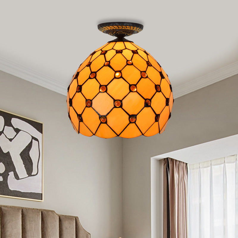 Tiffany-Style Stained Glass Jeweled Ceiling Light In Bronze Flush Mount Multiple Sizes Available /