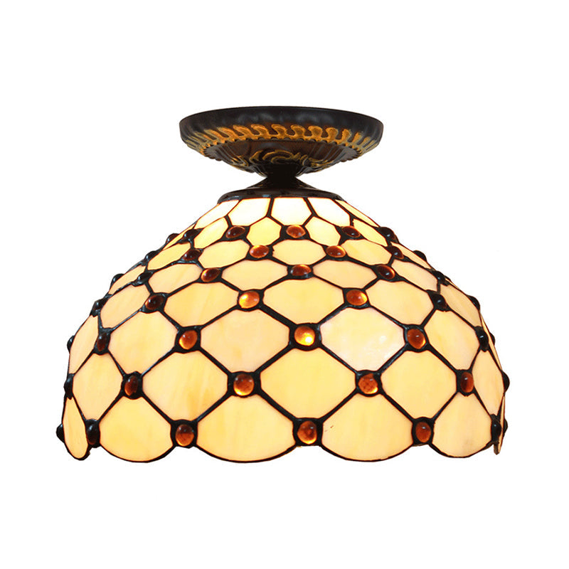 Tiffany-Style Stained Glass Jeweled Ceiling Light in Bronze Flush Mount, Multiple Sizes Available