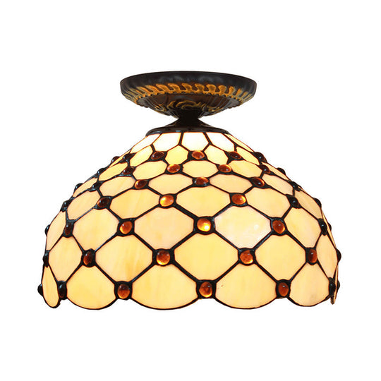 Tiffany-Style Stained Glass Jeweled Ceiling Light in Bronze Flush Mount, Multiple Sizes Available