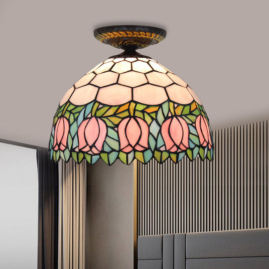 Tiffany-Style Stained Glass Floral Ceiling Fixture: Bronze Flush Mount with Single Bulb