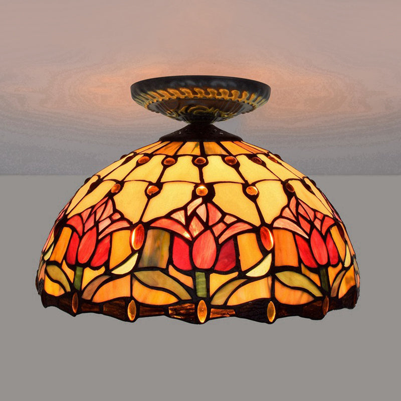 Tiffany-Style Stained Glass Floral Ceiling Fixture: Bronze Flush Mount with Single Bulb