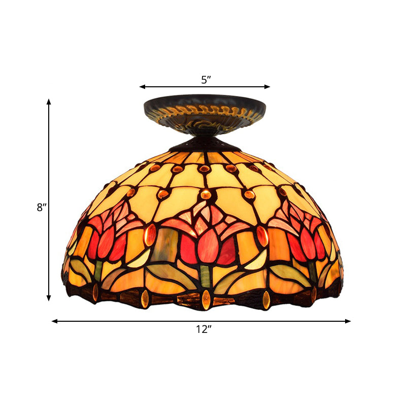 Tiffany-Style Stained Glass Floral Ceiling Fixture: Bronze Flush Mount with Single Bulb