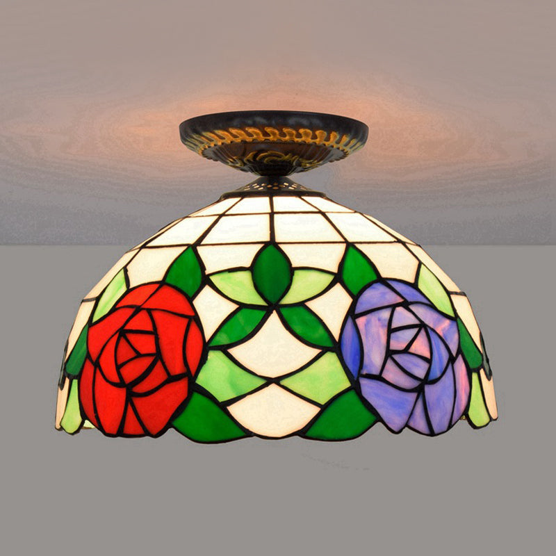 Tiffany-Style Stained Glass Floral Ceiling Fixture: Bronze Flush Mount with Single Bulb
