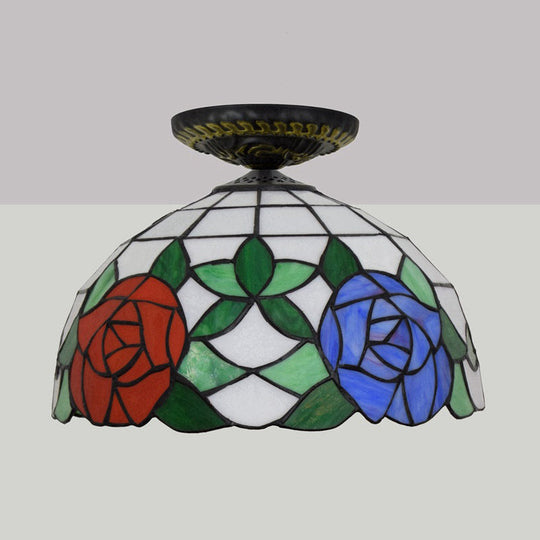 Tiffany-Style Stained Glass Floral Ceiling Fixture: Bronze Flush Mount with Single Bulb