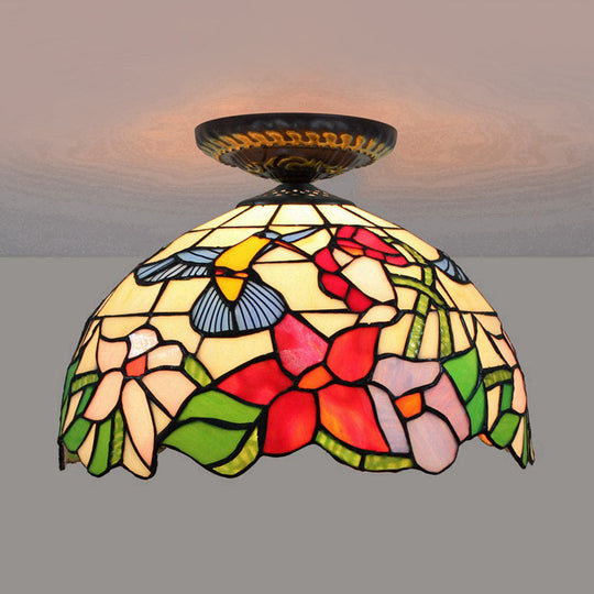 Tiffany-Style Stained Glass Floral Ceiling Fixture: Bronze Flush Mount with Single Bulb