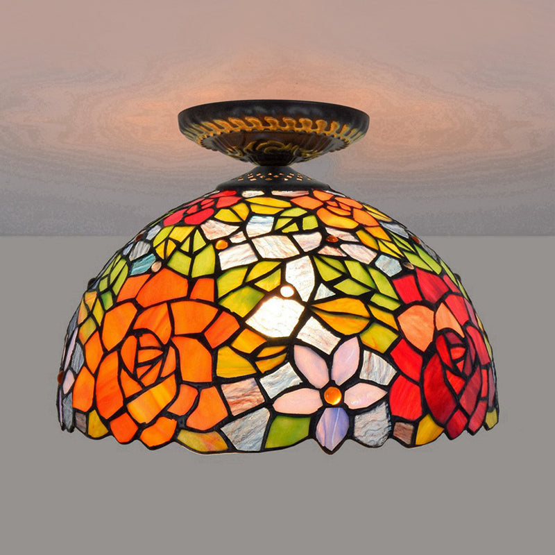 Tiffany-Style Stained Glass Floral Ceiling Fixture: Bronze Flush Mount with Single Bulb