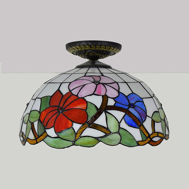 Tiffany Peony Flush Mount Lamp: Stained Glass Ceiling Lighting Fixture in Bronze, 12"/16" Wide