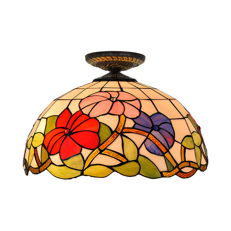 Tiffany Peony Flush Mount Lamp: Stained Glass Ceiling Lighting Fixture in Bronze, 12"/16" Wide