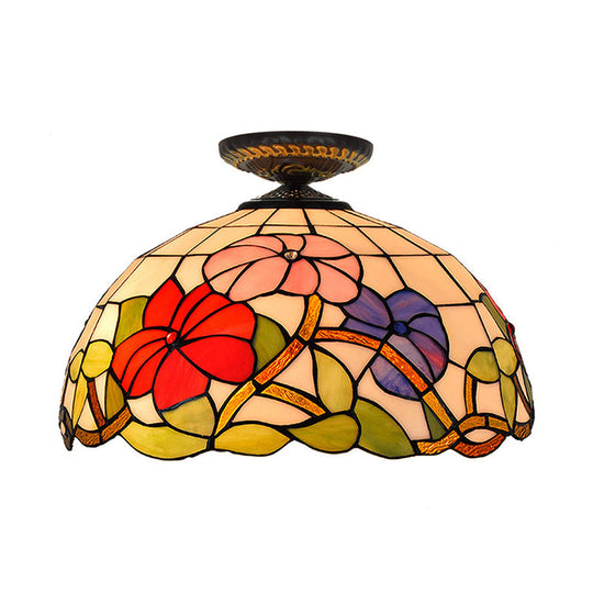 Tiffany Peony Flush Mount Lamp: Stained Glass Ceiling Lighting Fixture in Bronze, 12"/16" Wide