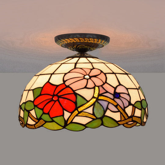 Tiffany Peony Flush Mount Lamp: Stained Glass Ceiling Lighting Fixture in Bronze, 12"/16" Wide