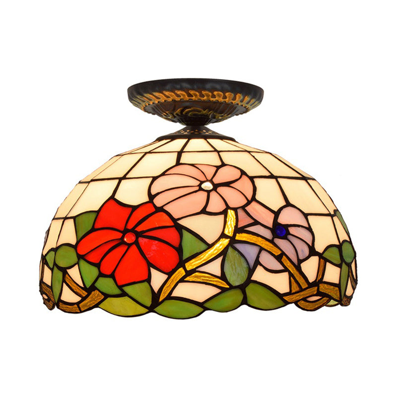 Tiffany Peony Flush Mount Lamp: Stained Glass Ceiling Lighting Fixture in Bronze, 12"/16" Wide