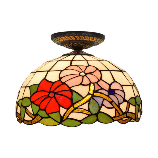 Tiffany Peony Flush Mount Lamp: Stained Glass Ceiling Lighting Fixture in Bronze, 12"/16" Wide