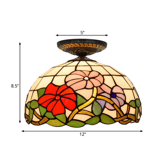 Tiffany Peony Flush Mount Lamp: Stained Glass Ceiling Lighting Fixture in Bronze, 12"/16" Wide