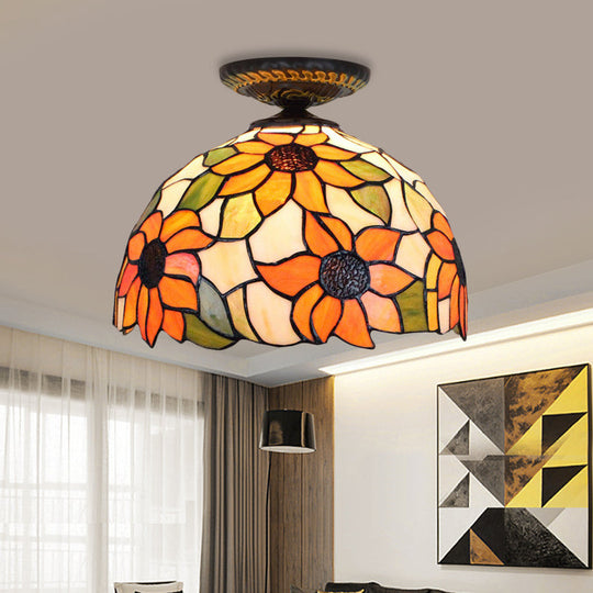 Sunflower Tiffany Stained Glass Ceiling Lamp - 1 Light, Brass Flush Mount