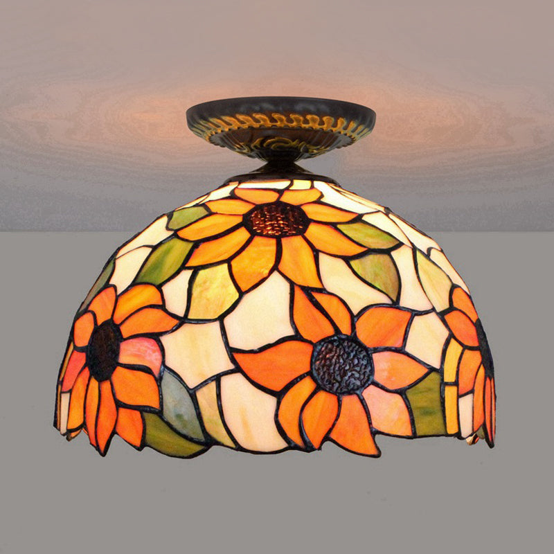 Sunflower Tiffany Stained Glass Ceiling Lamp - 1 Light, Brass Flush Mount