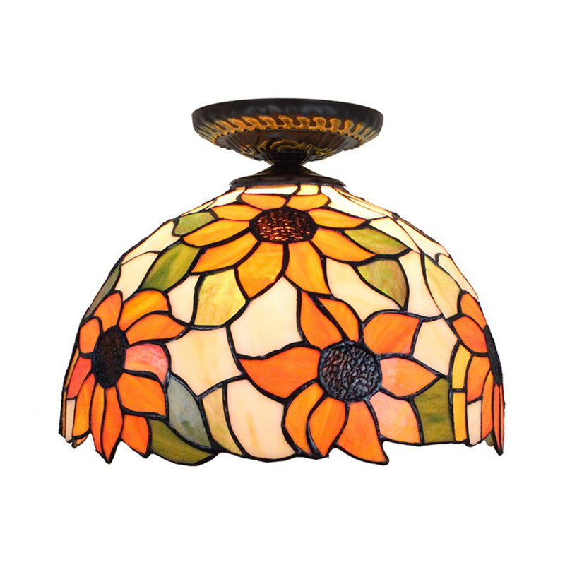 Sunflower Tiffany Stained Glass Ceiling Lamp - 1 Light, Brass Flush Mount