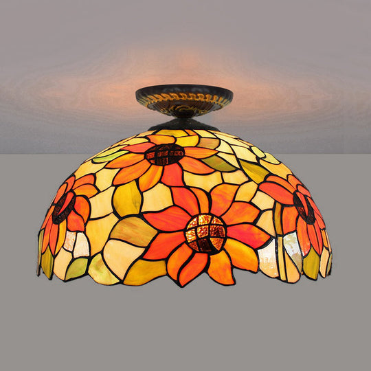Sunflower Tiffany Stained Glass Ceiling Lamp - 1 Light, Brass Flush Mount