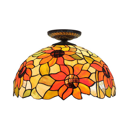 Sunflower Tiffany Stained Glass Ceiling Lamp - 1 Light, Brass Flush Mount