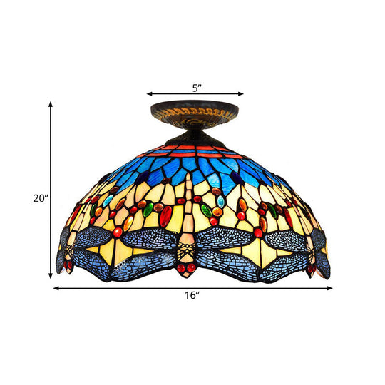 Tiffany White/Red Dragonfly Stained Glass Porch Ceiling Mount Lamp