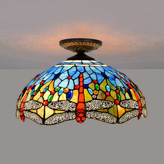 Tiffany White/Red Dragonfly Stained Glass Porch Ceiling Mount Lamp