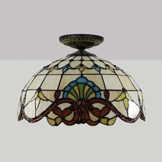 Tiffany Hand Rolled Art Glass Floral Flush Mount Light with Yellow/Blue Shade, 12"/16" W