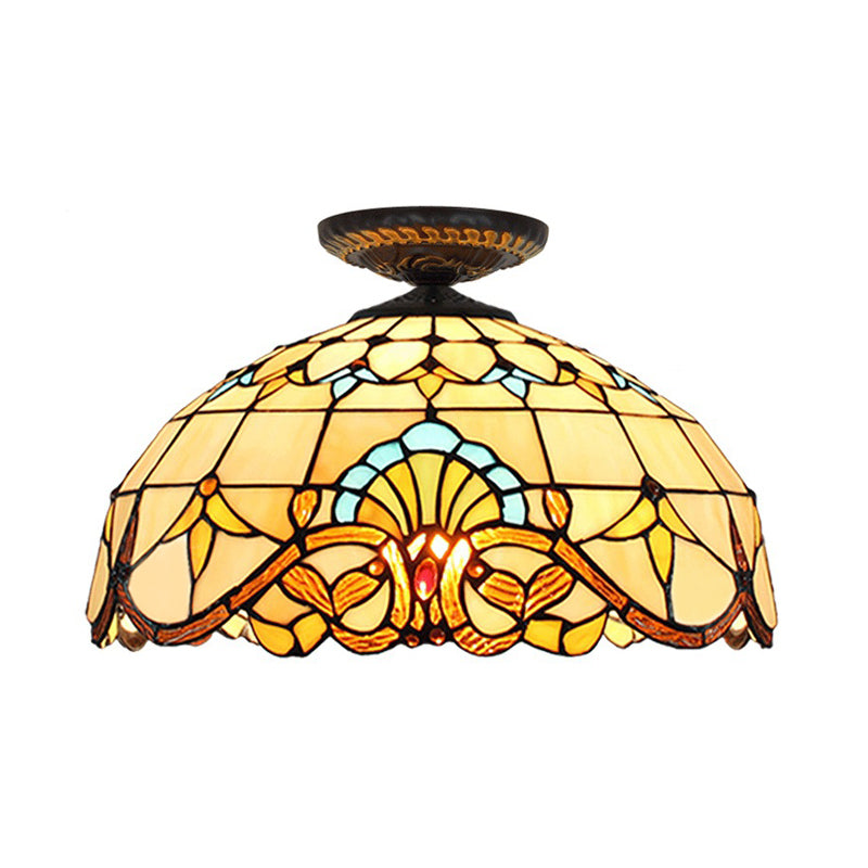 Tiffany Hand Rolled Art Glass Floral Flush Mount Light with Yellow/Blue Shade, 12"/16" W