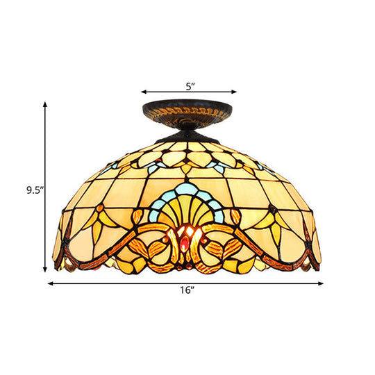 Tiffany Hand Rolled Art Glass Floral Flush Mount Light with Yellow/Blue Shade, 12"/16" W