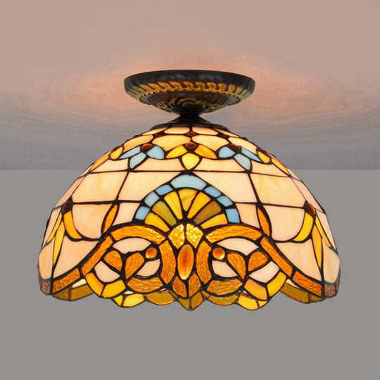 Tiffany Hand Rolled Art Glass Floral Flush Mount Light with Yellow/Blue Shade, 12"/16" W