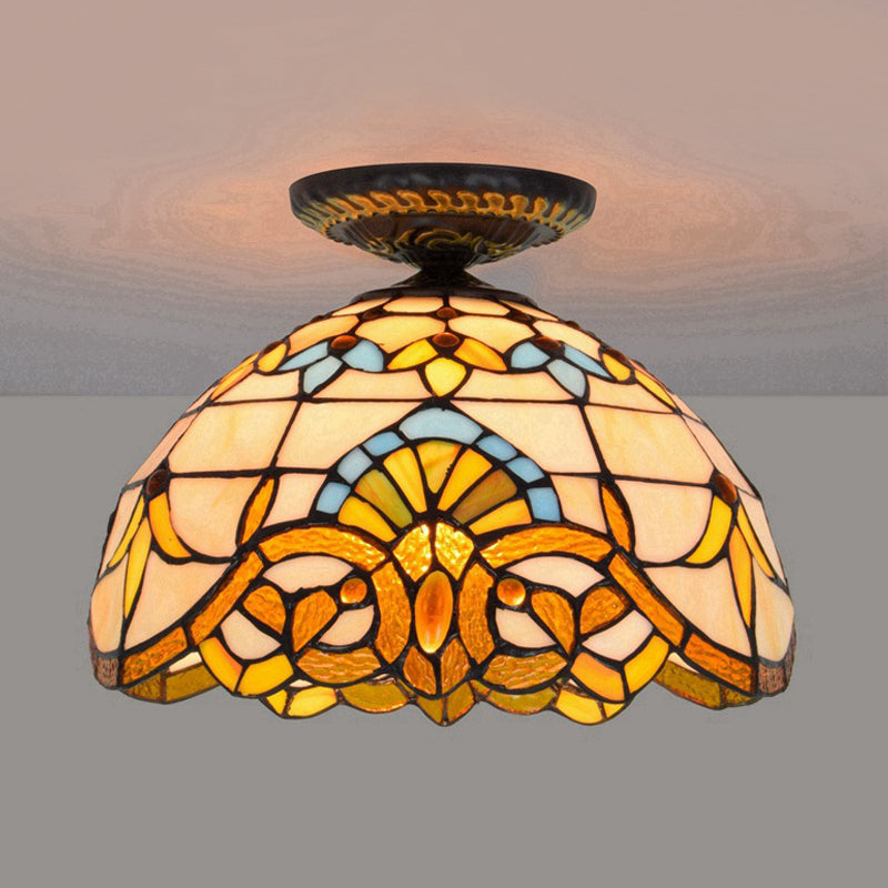 Tiffany Hand Rolled Art Glass Floral Flush Mount Light With Yellow/Blue Shade 12/16 W Yellow / 12
