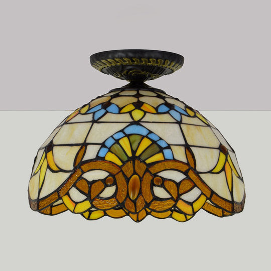 Tiffany Hand Rolled Art Glass Floral Flush Mount Light with Yellow/Blue Shade, 12"/16" W