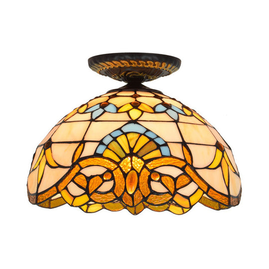 Tiffany Hand Rolled Art Glass Floral Flush Mount Light with Yellow/Blue Shade, 12"/16" W