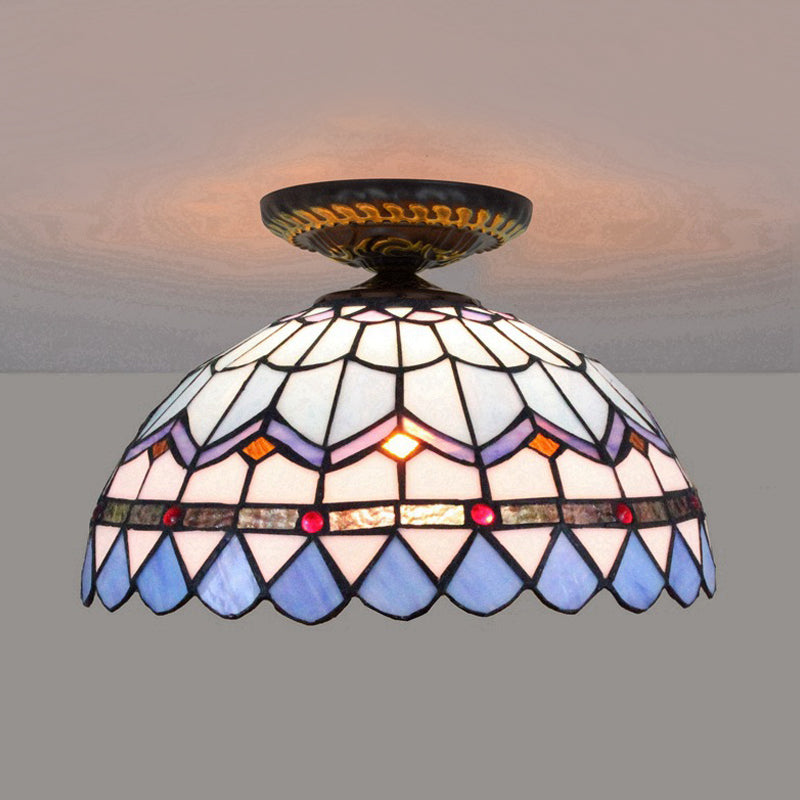 Tiffany Hand Rolled Art Glass Floral Flush Mount Light with Yellow/Blue Shade, 12"/16" W