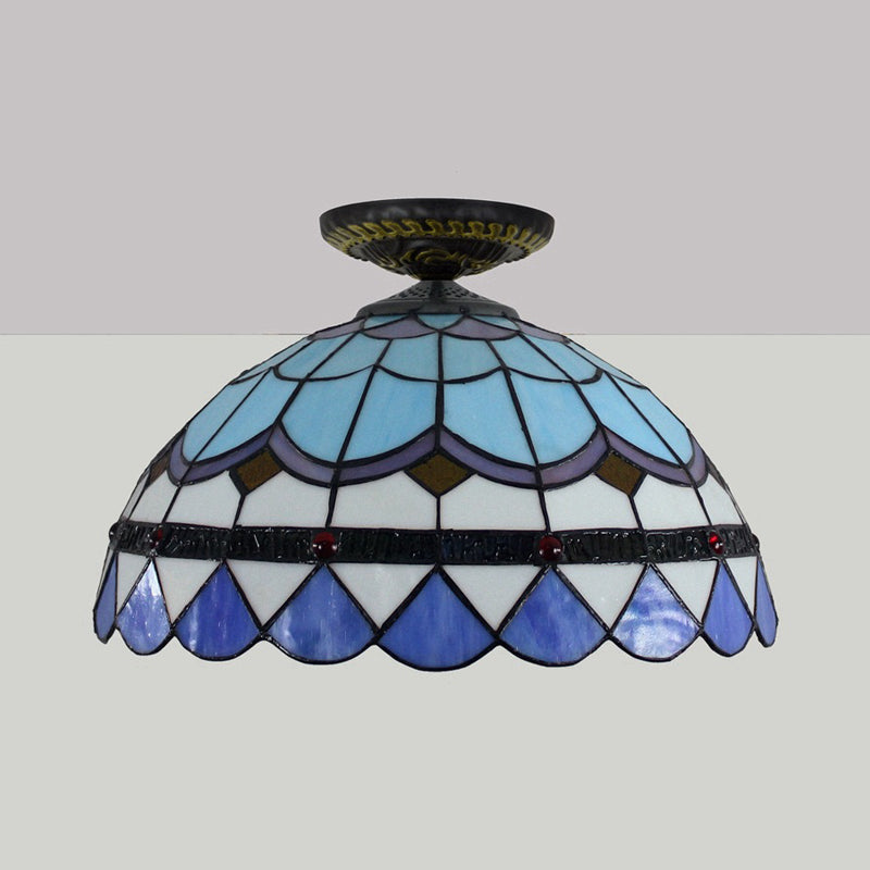 Tiffany Hand Rolled Art Glass Floral Flush Mount Light with Yellow/Blue Shade, 12"/16" W