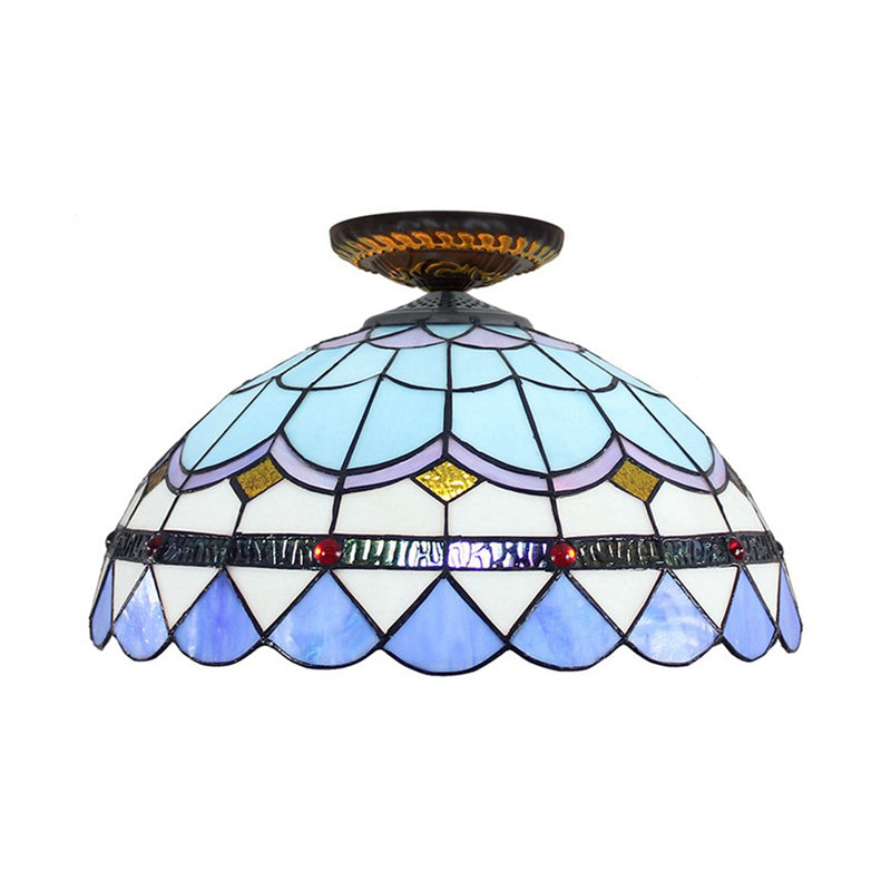 Tiffany Hand Rolled Art Glass Floral Flush Mount Light with Yellow/Blue Shade, 12"/16" W