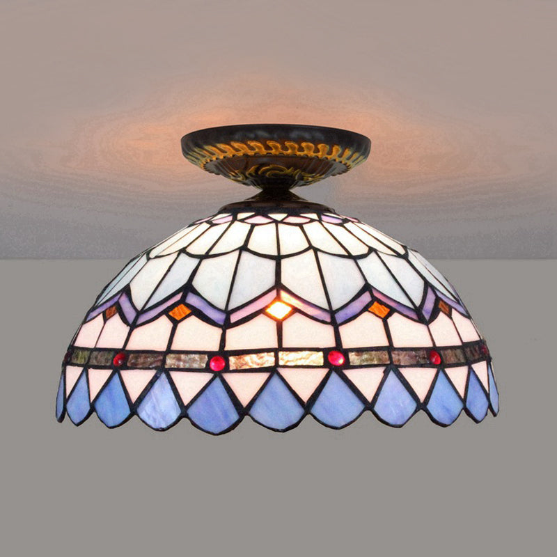 Tiffany Hand Rolled Art Glass Floral Flush Mount Light With Yellow/Blue Shade 12/16 W Blue / 12