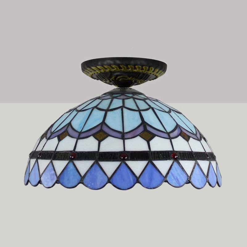 Tiffany Hand Rolled Art Glass Floral Flush Mount Light with Yellow/Blue Shade, 12"/16" W