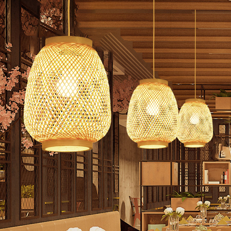 Contemporary 1-Light Beige Lantern Pendant Ceiling Fixture For Restaurants