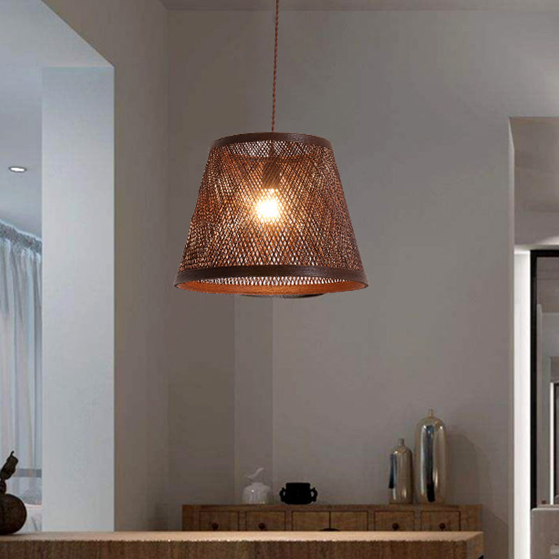 Modern Rattan Cone Pendant Light for Dining Room - 1 Brown Light Kit
